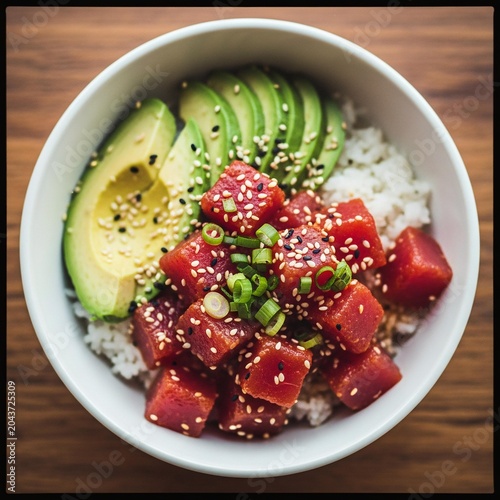 Fresh tuna poke bowl with sliced avocado and sesame seeds on rice.