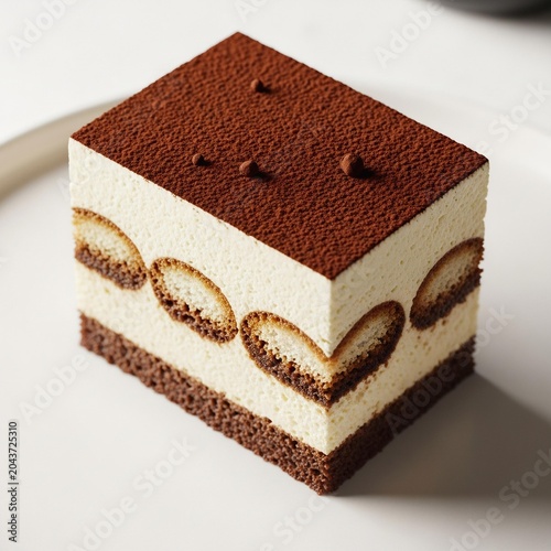 Elegant square tiramisu slice with cocoa dusting and heart pattern.