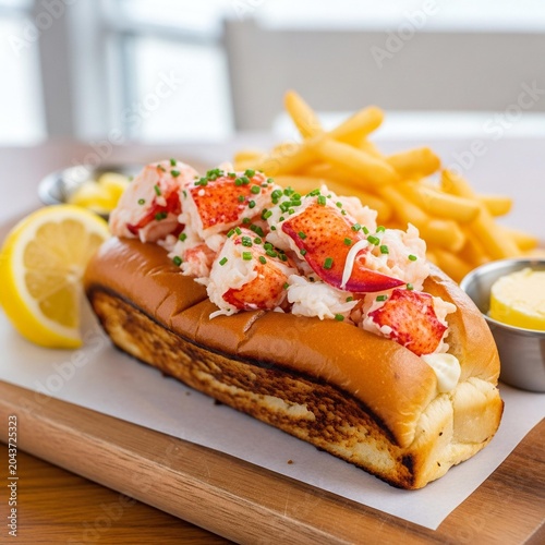 Gourmet lobster roll on toasted brioche served with french fries.