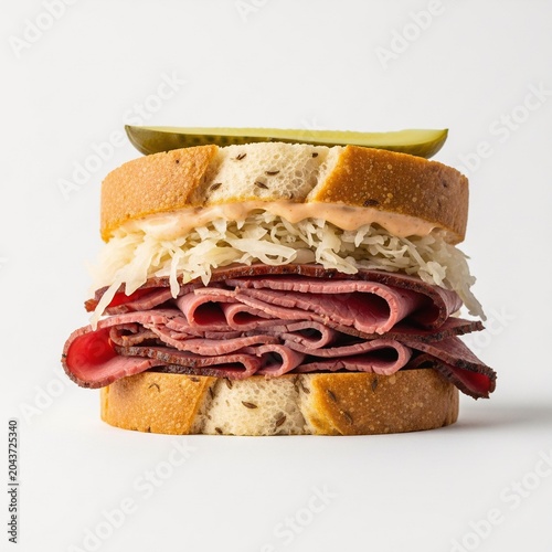 Classic Reuben sandwich with pastrami and sauerkraut on white background.