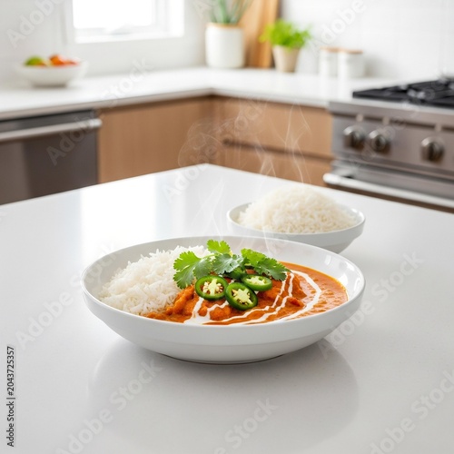 Steaming bowl of chicken tikka masala with rice in a modern kitchen.