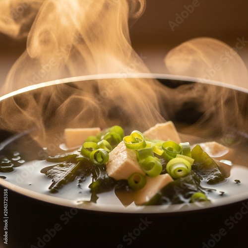 Steaming hot bowl of Japanese miso soup with tofu and seaweed.