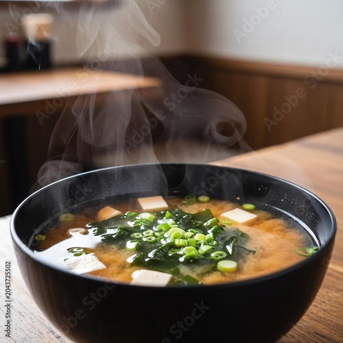 Steaming hot Japanese miso soup with tofu and seaweed in a bowl.