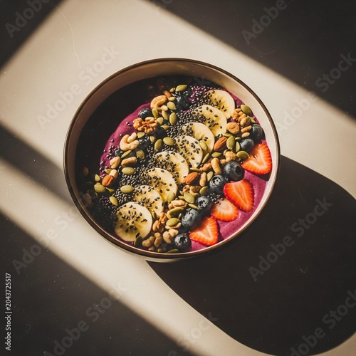 Nutritious acai bowl with fresh fruit and seeds in natural light.