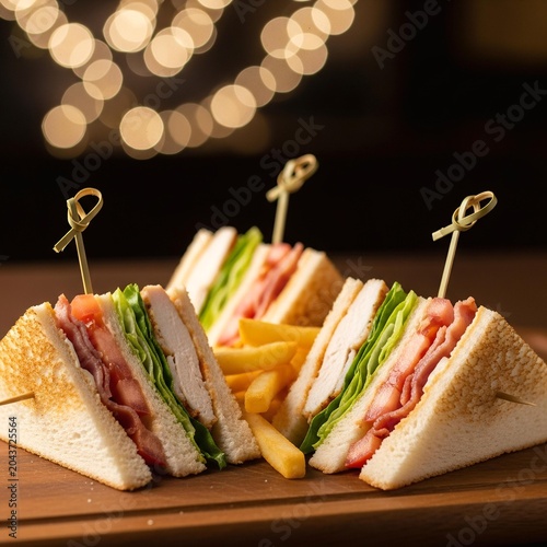 Classic chicken club sandwich with bacon and fries on wooden board.