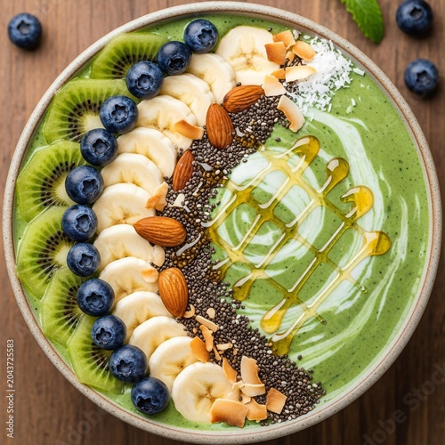 Nutritious green smoothie bowl topped with fresh fruit and seeds.