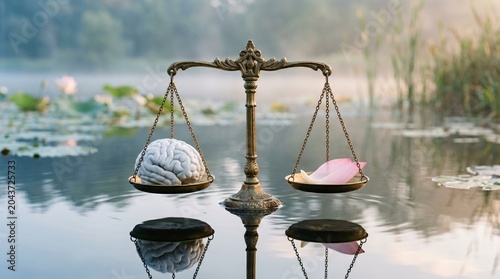 Delicate balance scales hold brain and pink petal over a tranquil pond at dawn