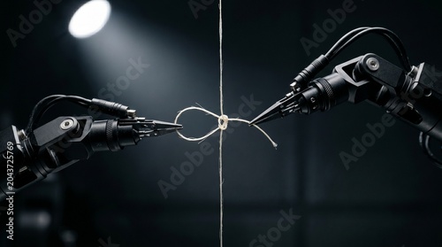 Close up of robotic arms tying a rope knot in a dark studio with spotlight