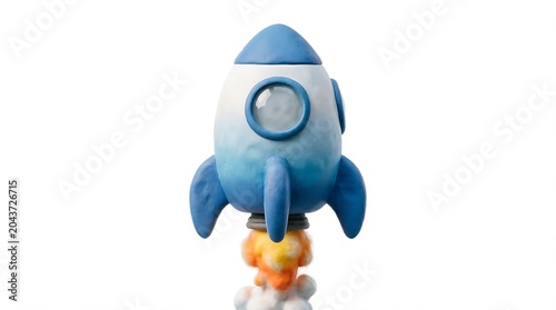A stylized blue and white toy rocket ship made of clay, launching upwards with a bright fire trail, isolated on a white background, symbolizing innovation, startup success, and rapid business growth.