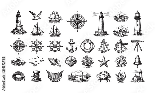 Maritime collection with vintage lighthouse seagull sailing boat compass ship wheel anchor lifebuoy sextant telescope shells coral starfish crab and coastal landscape.