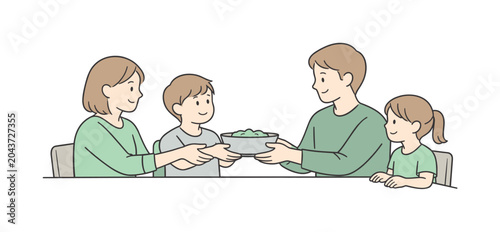 Family sitting dinner table while passing a single dish calmly, cooperative gestures and warm expressions, minimalist flat vector