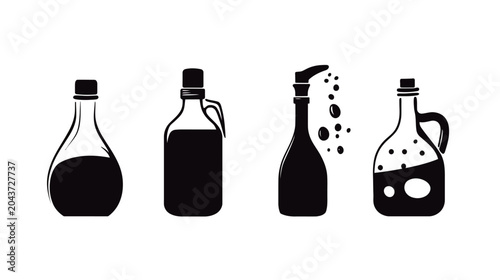 Black and white illustration of four glass bottles with varying shapes and content