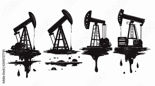 Black and white illustration depicting oil derricks and oil spills, set against a white backdrop