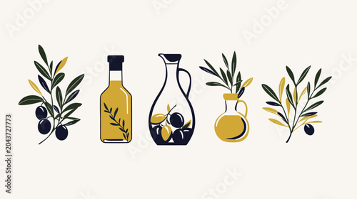 Illustration of olives, oil bottles, and pitchers, with leaves, in a minimalist style