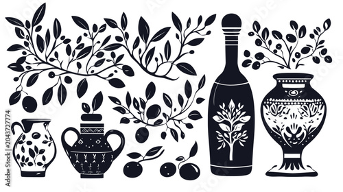 A monochrome illustration of foliage and vessels, including bottles and jugs, with fruit