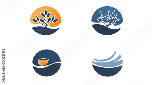 Four abstract logo designs featuring circular elements, natural themes, and a minimalist style