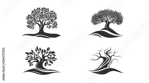 Four stylized illustrations of trees in varying forms, each with distinctive shapes