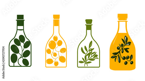 Four stylized bottles, each containing different plant elements. Uses green and yellow for a vibrant look