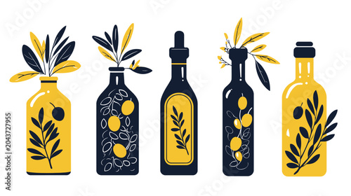 Stylized illustration of five bottles, each with different plant elements, in shades of yellow and navy