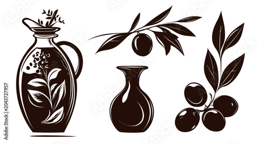 A monochrome illustration of olive branches, vessels and leaves, evoking nature and simple forms