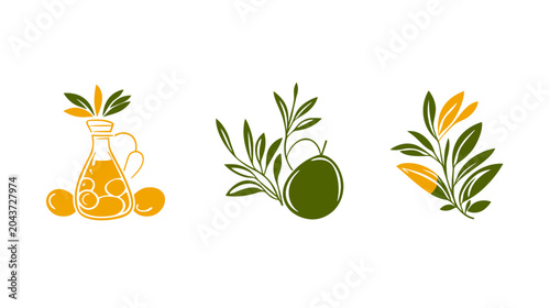Artistic depiction with plant illustrations in three parts, oil jug, olive, and leaves