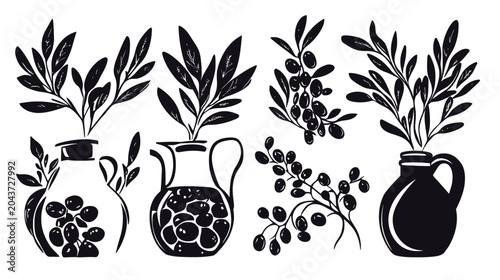 Stylized black and white illustrations of vessels holding branches and berries