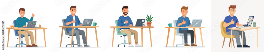 Fototapeta premium A cheerful young man giving a thumbs up while sitting in front of a laptop with a coffee cup, flat vector illustration, flat color, minimalist, simple design, no outline, white background
