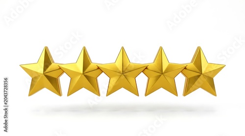 Five golden stars arranged in a row, isolated on a white background, symbolizing high quality, excellent customer service, top rating, premium experience, success, achievement, and positive feedback.