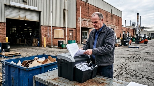 corporate sustainability challenges, a factory manager angrily shreds an esg report in a gritty industrial setting