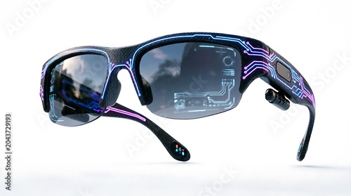 A pair of high-tech smart glasses featuring glowing neon circuit board patterns on the frame and a digital heads-up display, representing augmented reality, wearable technology, and future gadgets.
