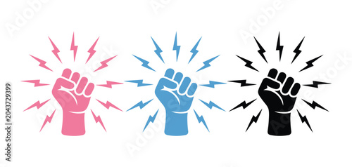 Schilderij op canvas Fist knocking impact icon set, hand hit gesture outline in red blue black variat