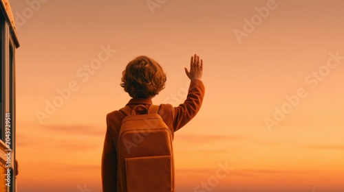 A child with a backpack waves goodbye, silhouetted against a warm orange sunset sky.