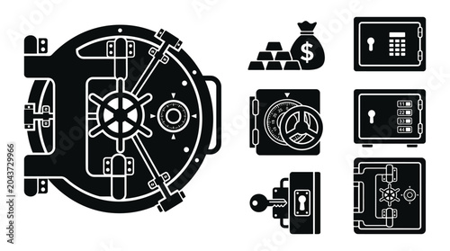 bank vault door and security items silhouette money bag gold