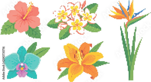 Vibrant pixelated tropical flowers set: hibiscus, orchid, lily, plumeria, bird of paradise, showcasing a unique cross-stitch texture.
