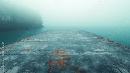 A weathered concrete pier stretches into a vast, misty turquoise sea, with a cliff obscured by thick fog