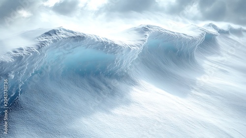 Powerful waves of frozen white snow and blue ice create a dramatic winter landscape