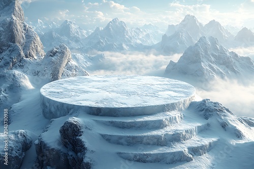 A circular snowy ice platform with steps rests on a majestic mountain peak above the clouds