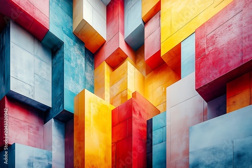 Architectural composition of large textured blocks in red yellow blue and white forming a dimensional corner