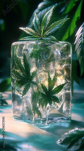 Fresh green cannabis leaves are beautifully encased within a large clear ice cube