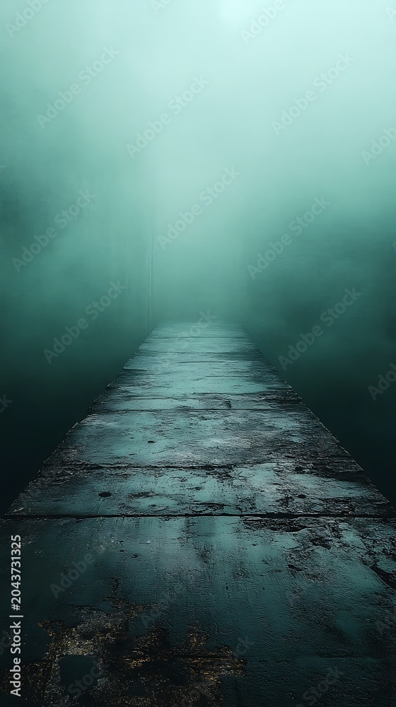 Obraz premium A dark weathered wooden pier disappears into incredibly dense fog hovering above deep, murky water