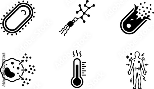 Infection, disease transmission and immune response icon set