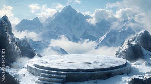 A large circular stone platform sits in a vast snowy mountain landscape under a cloudy sky