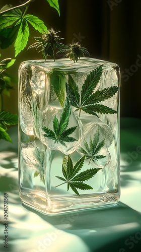 Fresh green cannabis leaves and a plant bud are encased within a large clear ice block