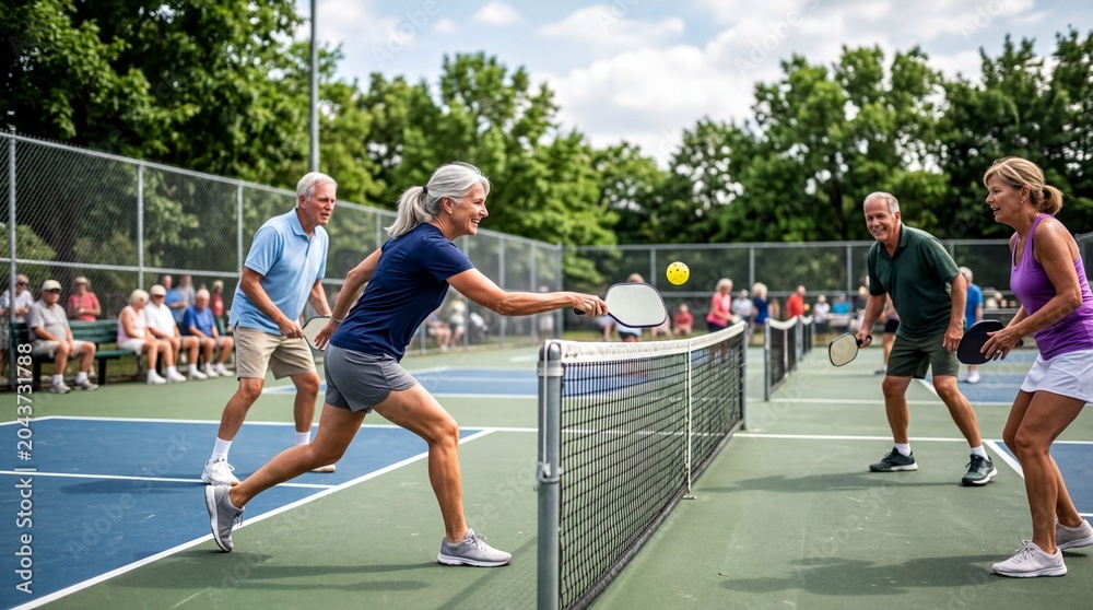 Obraz premium senior sports event, energetic seniors engaged in a competitive pickleball match on the court