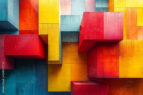 Vibrant textured facade featuring a dynamic arrangement of rectangular blocks in bright red yellow and blue