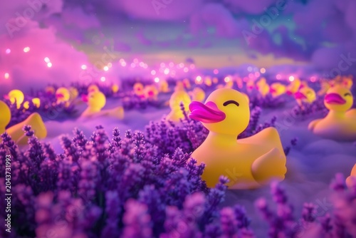 Soft glow bathes yellow rubber ducks in lavender fields