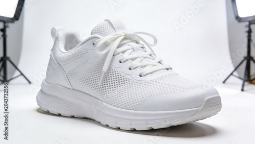 Clean white mesh running sneaker in professional studio photography setting
