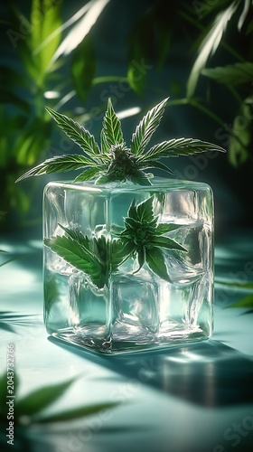 A striking green cannabis bud and leaf are elegantly frozen within a pristine ice cube