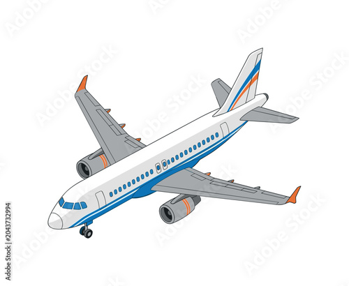 Isometric passenger airplane illustration with white fuselage, blue windows and compact flying transport design, airplane,