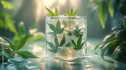 A transparent block of ice holds fresh cannabis leaves and ice cubes under warm sunlight